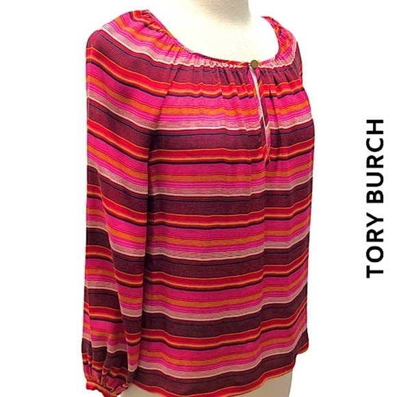 Tory Burch 100% Silk Pink & Maroon Striped Puff Sleeve Spring Blouse Size 2 - Picture 1 of 12